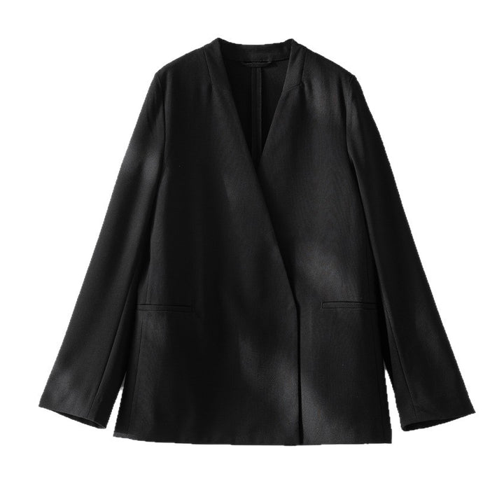 Damen kragenloser Longline-Blazer mit offenem V-Ausschnitt und Eingrifftaschen Drune