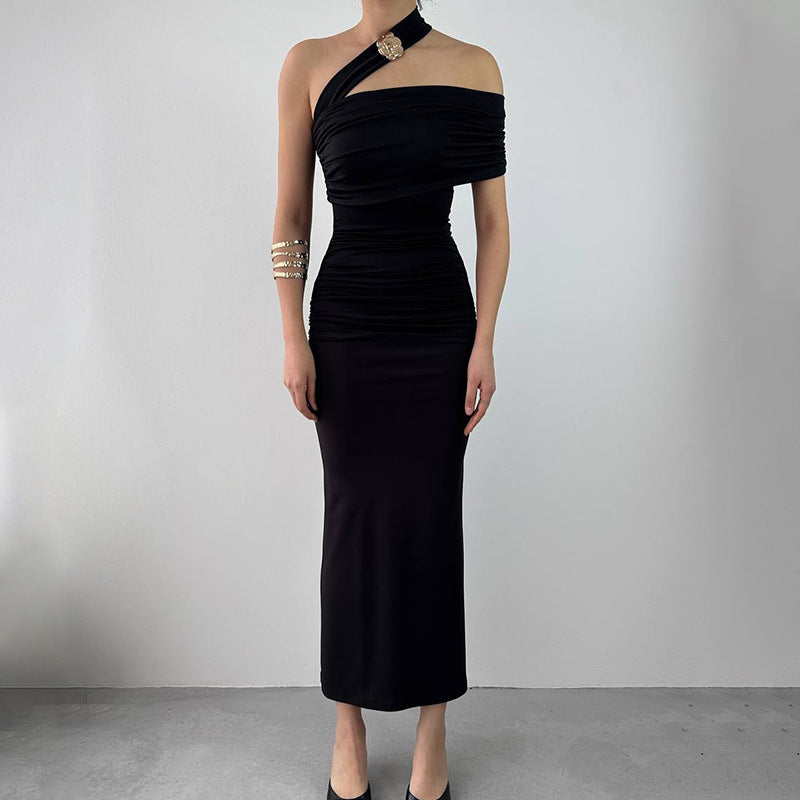 Damen Elegantes Rüschen-Maxikleid mit asymmetrischem Träger Drune