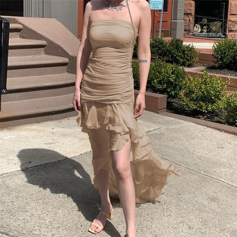 Damen Raffiniertes Maxi-Kleid mit schulterfreiem Design und voluminösem Rüschensaum Drune