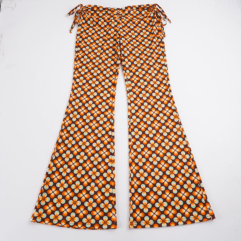 Damen nan ausgestellte Schlaghose mit hoher Taille, seitlichen Kordelzügen und retro Blumenprint Drune