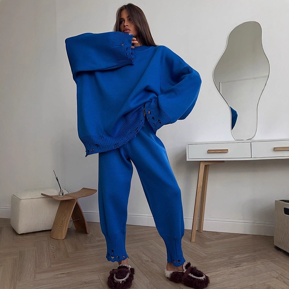 Damen Oversize-Strickset aus Feinstrick mit Destroyed-Saum, weitem Pullover und legerer Schlupfhose Drune