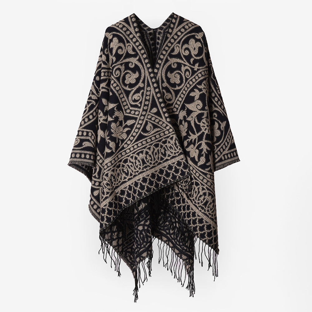 Damen Jacquard-Cape-Überwurf aus Wollmix mit Paisley-Jacquard und Fransensaum Drune