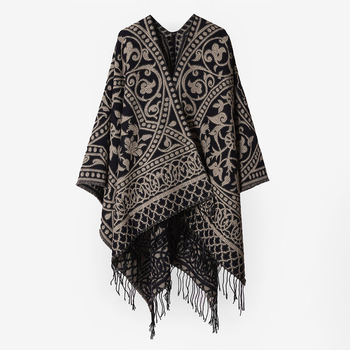 Damen Jacquard-Cape-Überwurf aus Wollmix mit Paisley-Jacquard und Fransensaum Drune