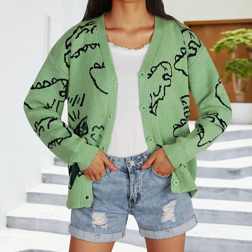 Damen Gemusterte Strickjacke mit lustigem Dinosaurier-Motiv Drune
