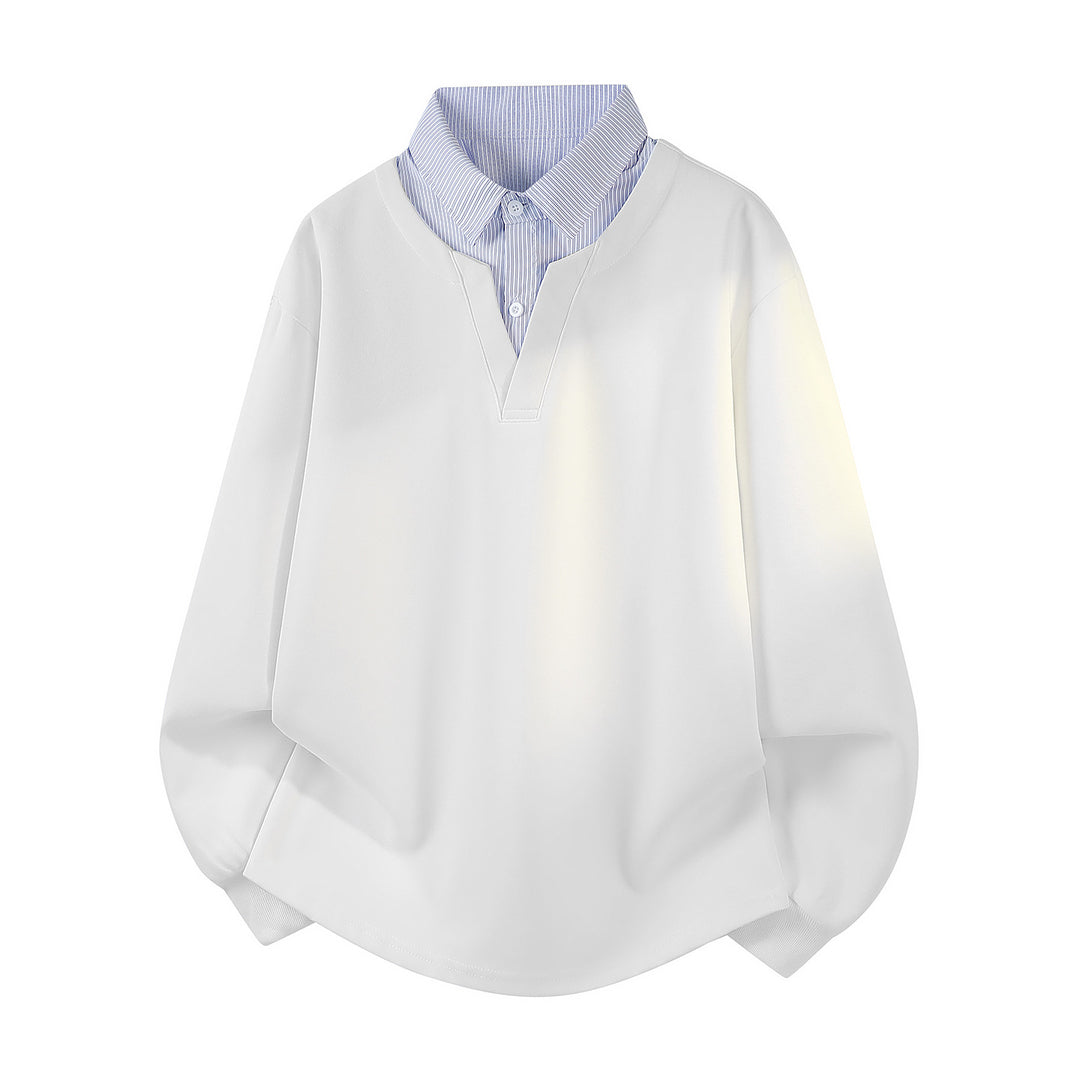 Damen Oversize-Sweatshirt mit eingearbeitetem Hemdkragen, V‑Ausschnitt und abgerundetem Saum Drune