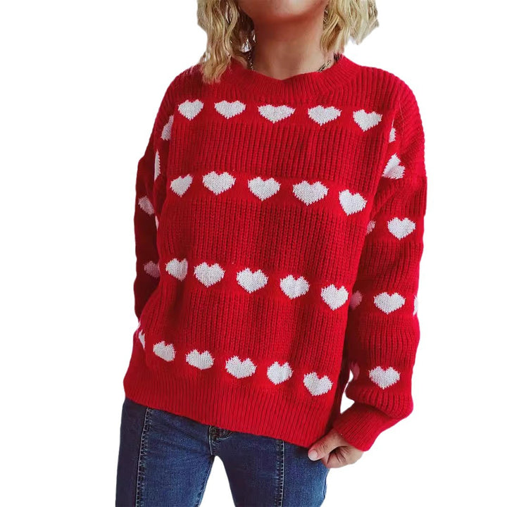 Damen gemütlicher Herzmuster-Strickpullover mit weiten Ärmeln Drune