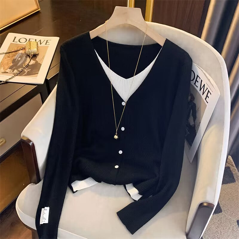 Damen lässige Strickjacke mit tiefem V-Ausschnitt und feiner Struktur Drune