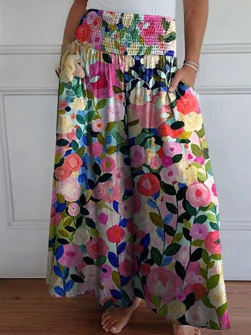 Damen-Maxi-Rock mit hohem Smockbund, weitem Fall und seitlichen Taschen Drune