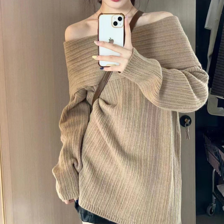 Damen Oversized Pullover mit lässigem Off-Shoulder Design und feiner Rippstruktur Drune