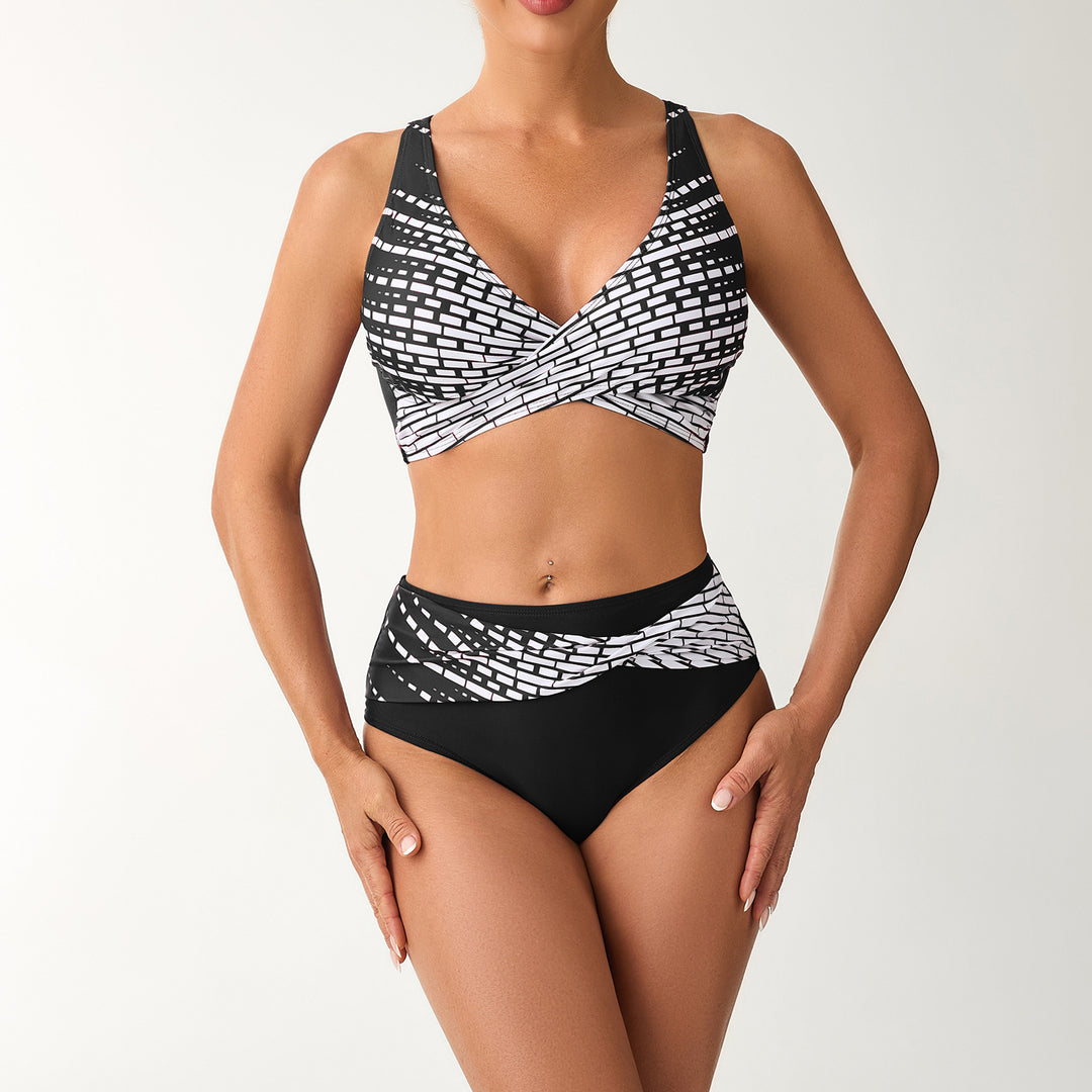 Damen Hochtailliertes Bikini-Set mit geschnürtem Oberteil und grafischen Akzenten Drune