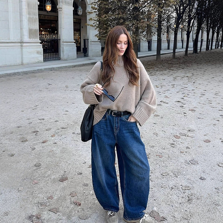 Damen Oversize Rollkragenpullover aus Feinstrick mit überschnittenen Schultern und gerippten Bündchen Drune