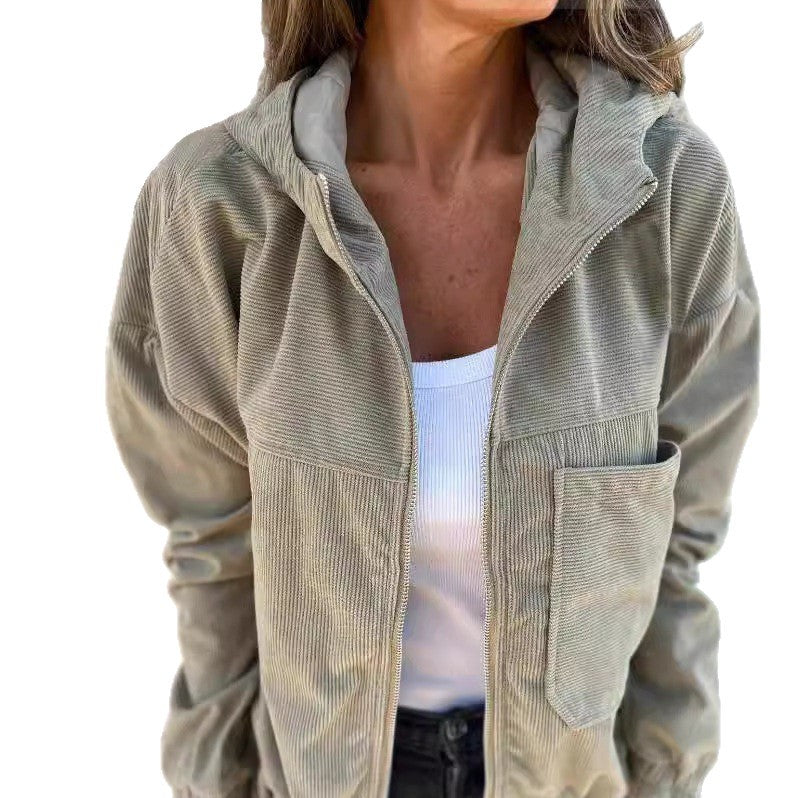 Damen nan Feincord-Übergangsjacke mit Kapuze, Reißverschluss, elastischen Bündchen und seitlichen Eingrifftaschen Drune