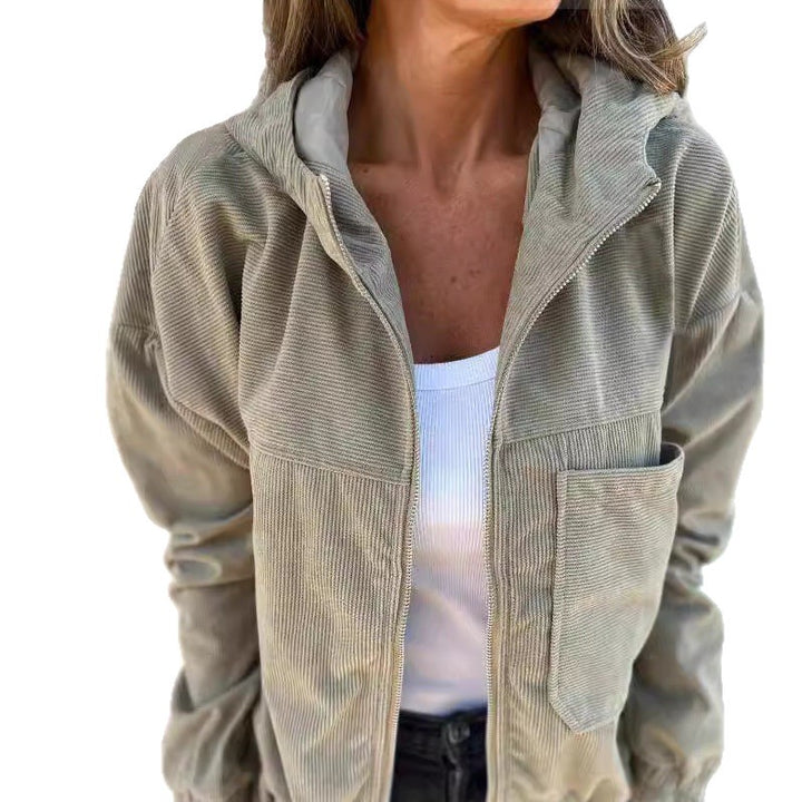 Damen nan Feincord-Übergangsjacke mit Kapuze, Reißverschluss, elastischen Bündchen und seitlichen Eingrifftaschen Drune