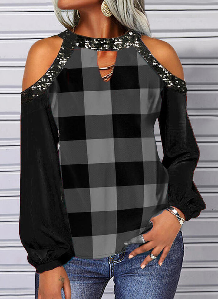 Damen Off-Shoulder kariertes Bluse mit Paillettenbesatz und langen Ballonärmeln Drune