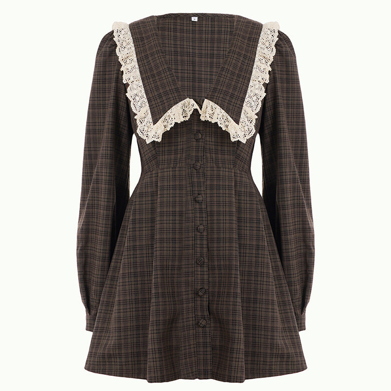 Damen Karierter Vintage-Minikleid mit übergroßem Spitzenkragen und taillierter A-Linie Drune