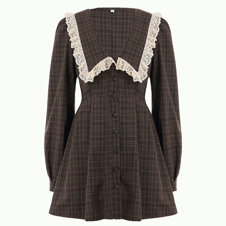 Damen Karierter Vintage-Minikleid mit übergroßem Spitzenkragen und taillierter A-Linie Drune