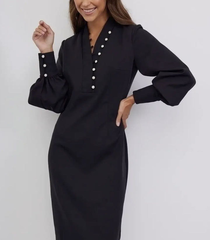 Damen elegantes Kleid mit Puffärmeln und Perlenknopfen Drune
