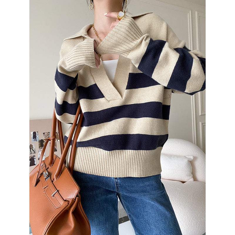 Damen Strickpullover mit V-Ausschnitt und Streifen Drune