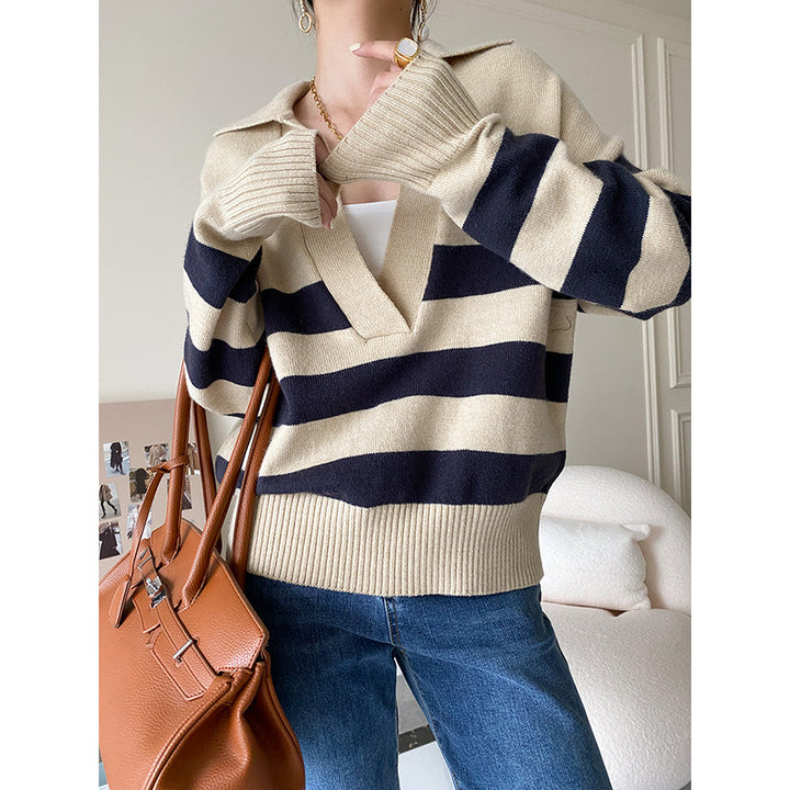 Damen Strickpullover mit V-Ausschnitt und Streifen Drune