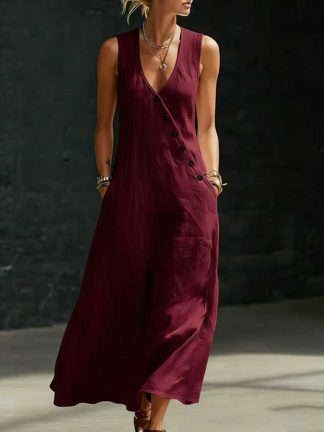 Damen Langarmkleid mit seitlichem Schlitz und Knopfdetails Drune
