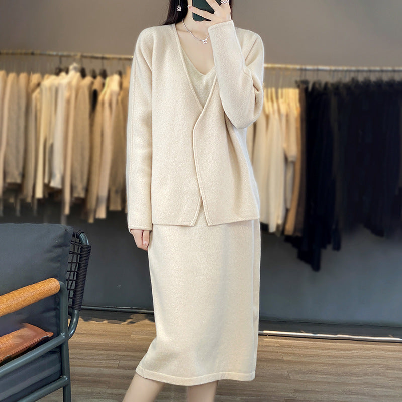 Damen gemustertes Strickkleid mit V-Ausschnitt und lässigem Schnitt Drune