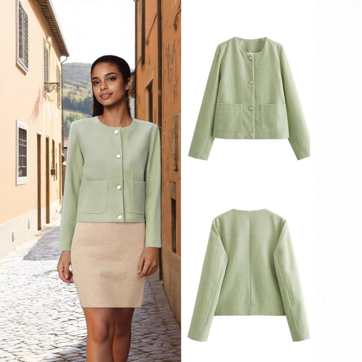 Damen modische Kurzjacke mit strukturiertem Gewebe und praktischen Taschen Drune