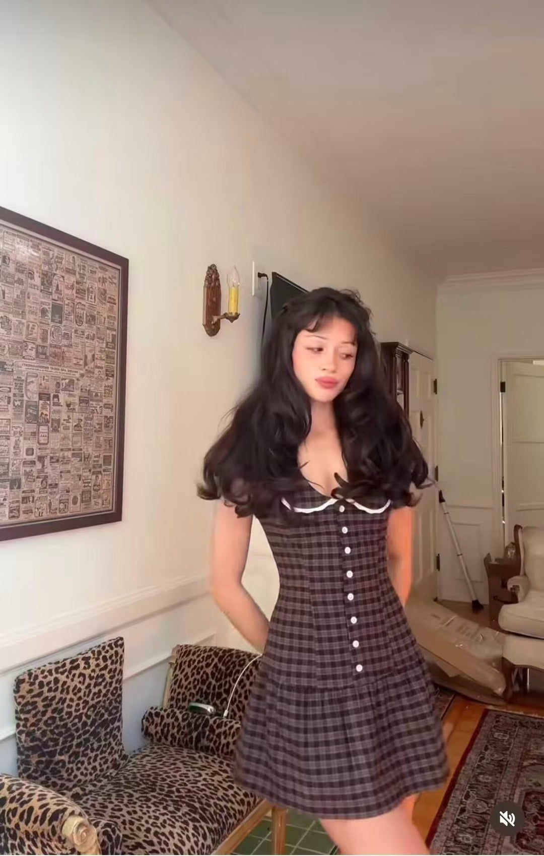Damen Kariertes A-Linien-Minikleid mit kontrastierendem Bubikragen und Knopfleiste Drune
