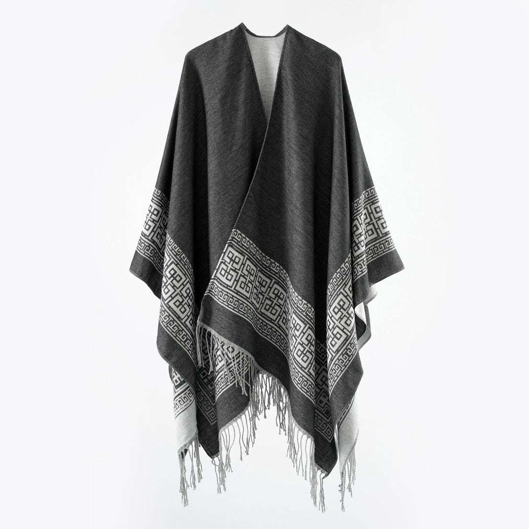 Damen Reversibler Wollmix‑Überwurf im Kimono‑Fall mit ornamentaler Bordüre und Zierfransen Drune
