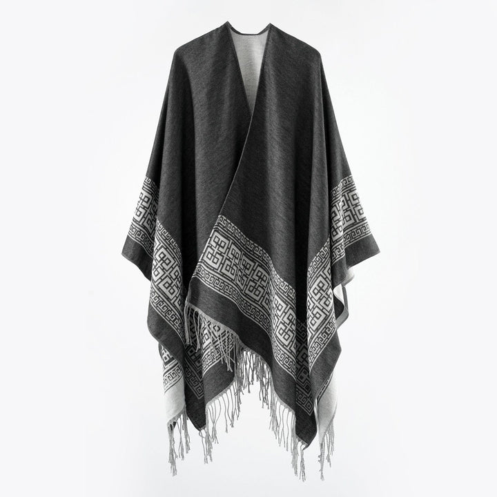 Damen Reversibler Wollmix‑Überwurf im Kimono‑Fall mit ornamentaler Bordüre und Zierfransen Drune