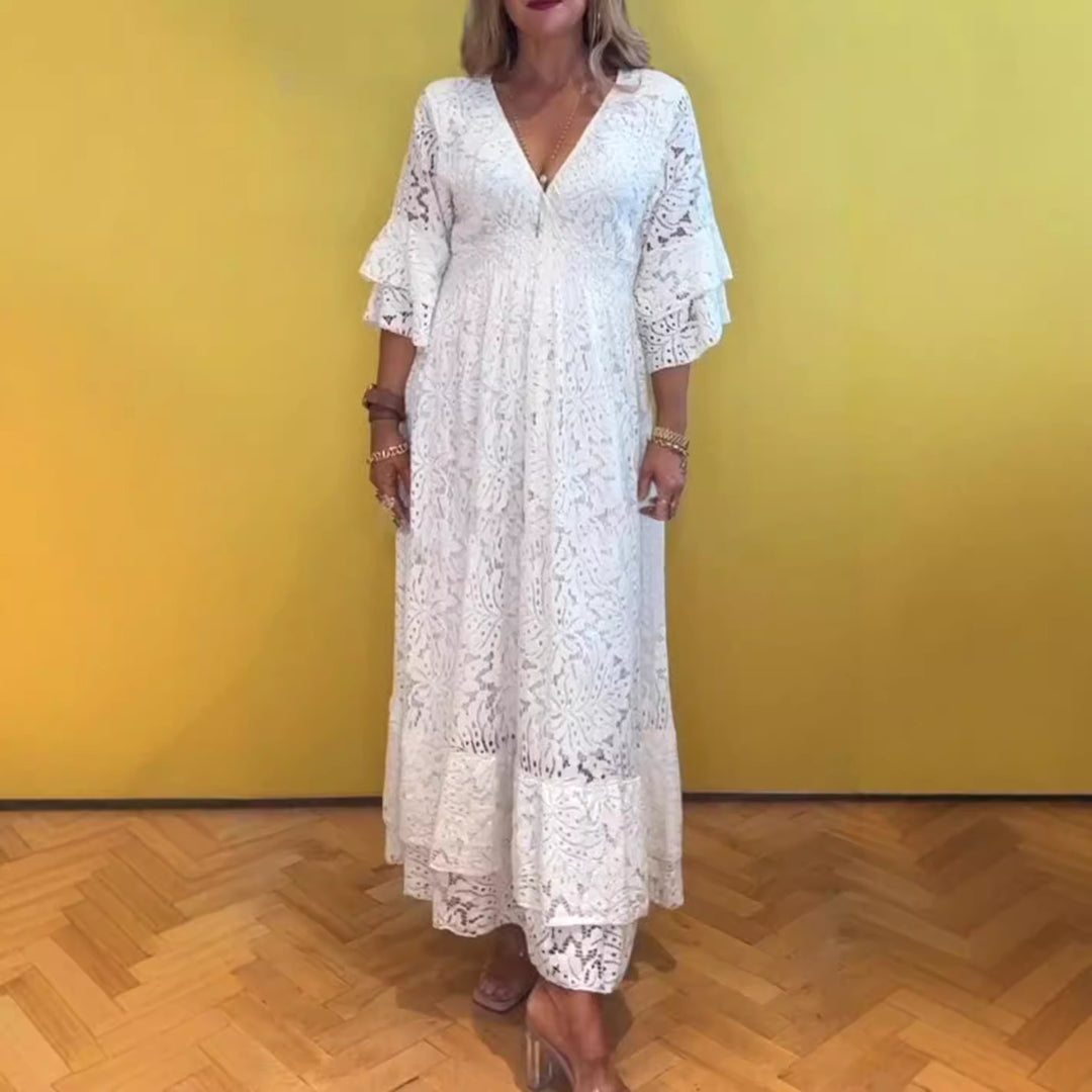Damen nan Boho-Spitzen-Maxikleid mit V-Ausschnitt, Unterbrustnaht und gestuften Volantärmeln Drune