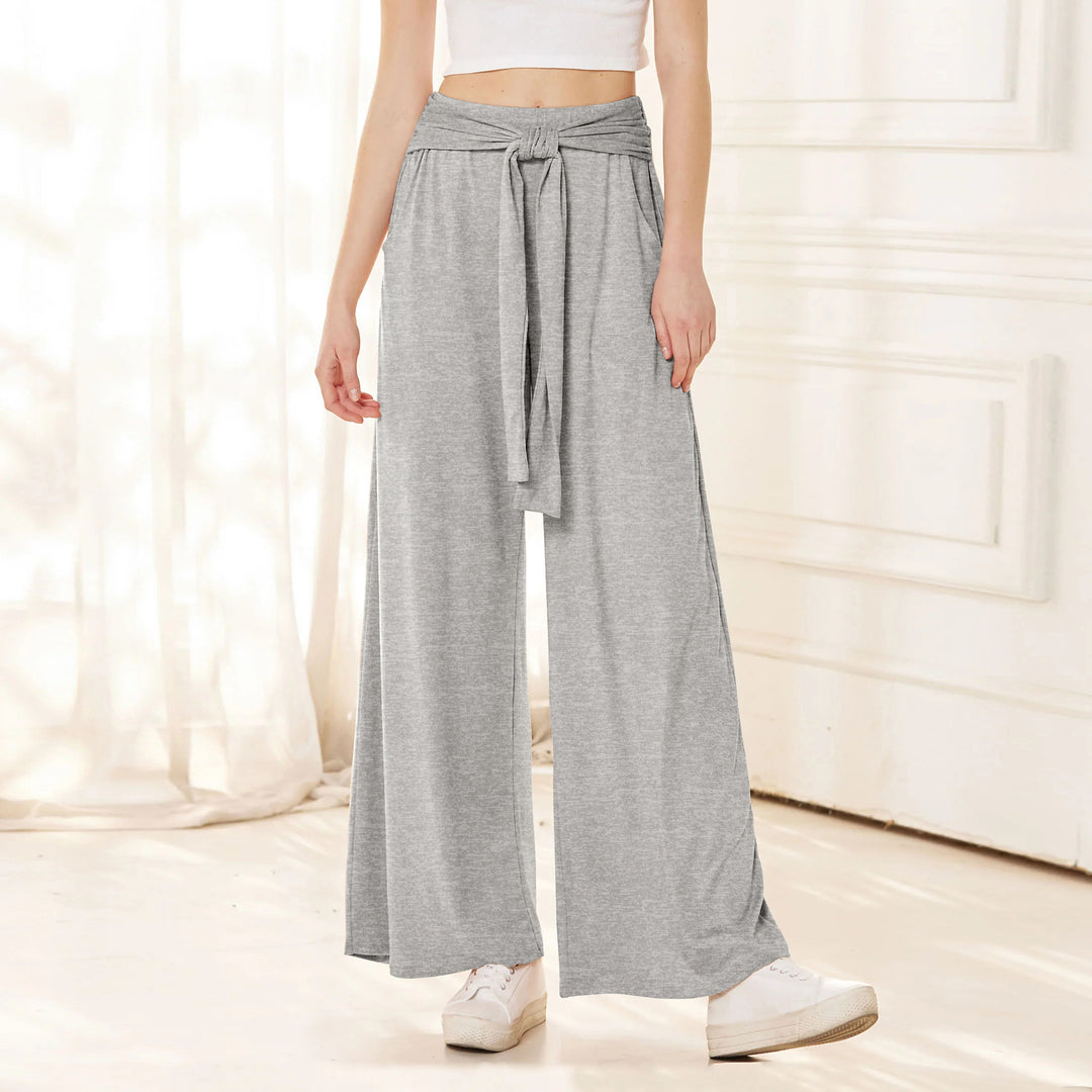 Damen Hochtaillierte Weite Palazzo-Hose mit Selbstbindendem Taillenbund und Seitentaschen Drune