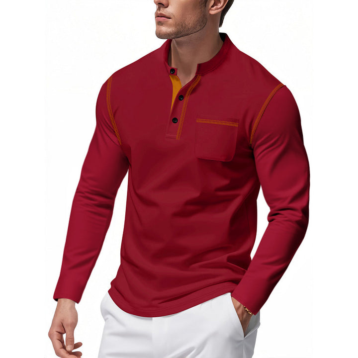 Herren nan Henley-Langarmshirt mit Stehkragen, Brusttasche und kontrastierenden Ziernähten Drune