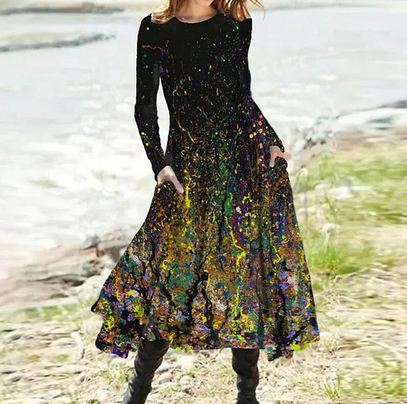 Damen nan A-Linien-Midikleid mit abstraktem Spritzmuster, Rundhalsausschnitt, langen Ärmeln und Eingrifftaschen Drune