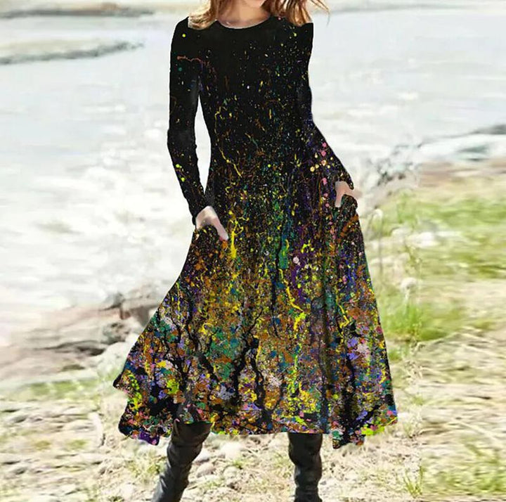 Damen nan A-Linien-Midikleid mit abstraktem Spritzmuster, Rundhalsausschnitt, langen Ärmeln und Eingrifftaschen Drune