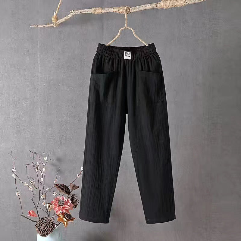Damen nan lässige Leinenmix-Hose mit elastischem Bund, geradem Bein und großen aufgesetzten Taschen Drune