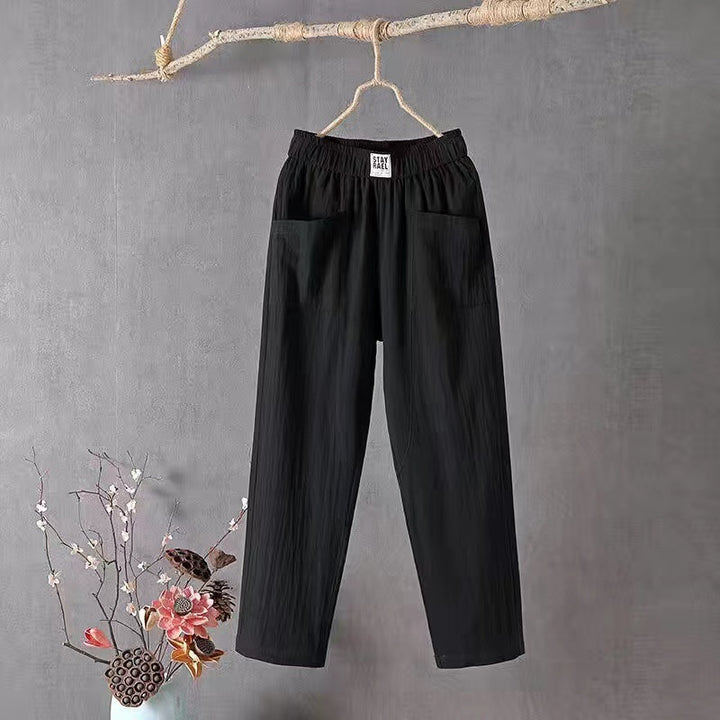 Damen nan lässige Leinenmix-Hose mit elastischem Bund, geradem Bein und großen aufgesetzten Taschen Drune