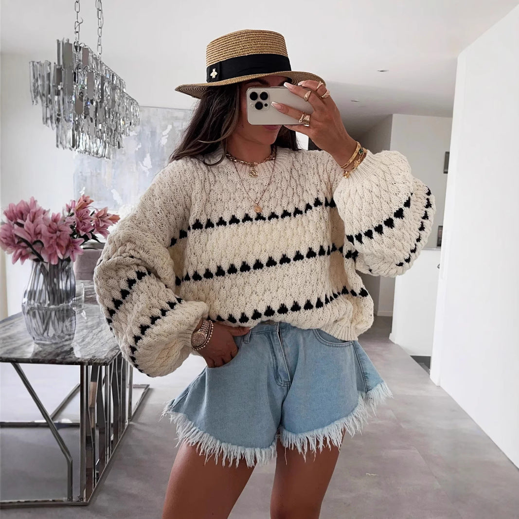 Damen eleganter Strickpullover mit weiten Ärmeln und grafischem Muster Drune