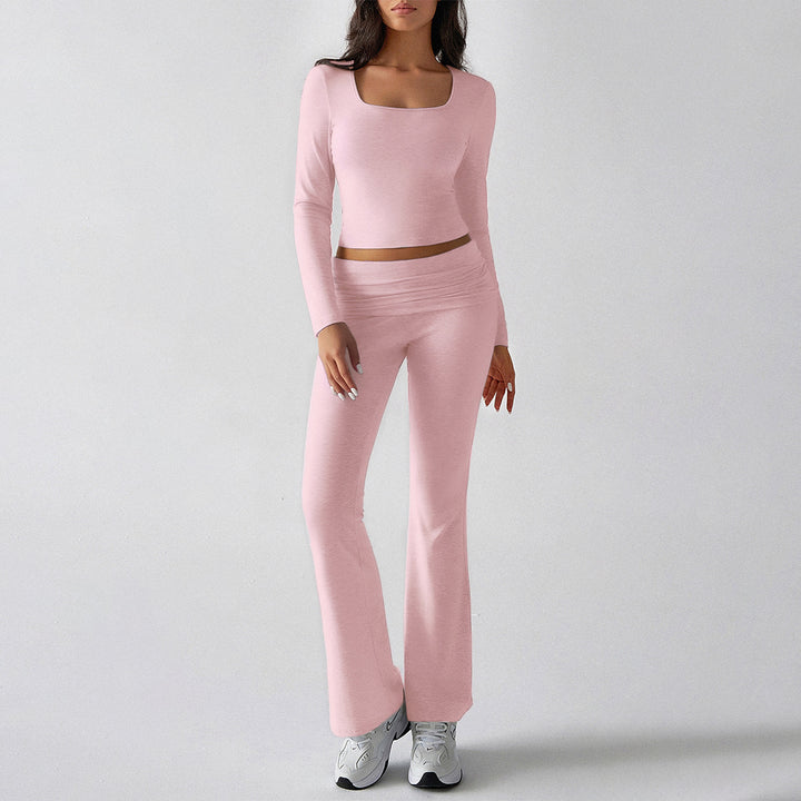 Damen nan figurbetontes Cropped-Set mit langärmeligem Top mit quadratischem Ausschnitt und ausgestellter High‑Waist Yoga-Hose Drune
