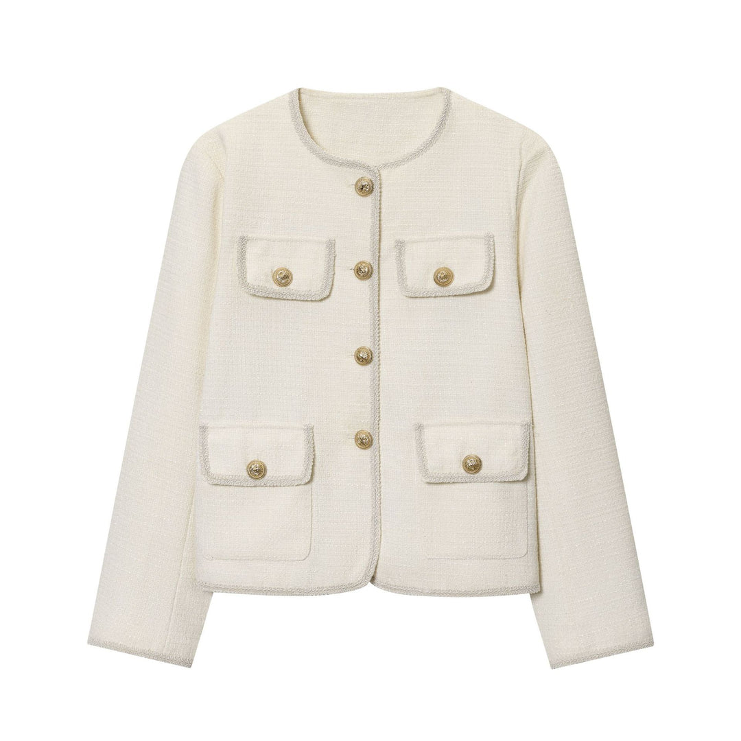 Damen nan kastige Bouclé-Jacke mit kontrastpaspel, vier Zier-Fronttaschen und goldenen Schmuckknöpfen Drune
