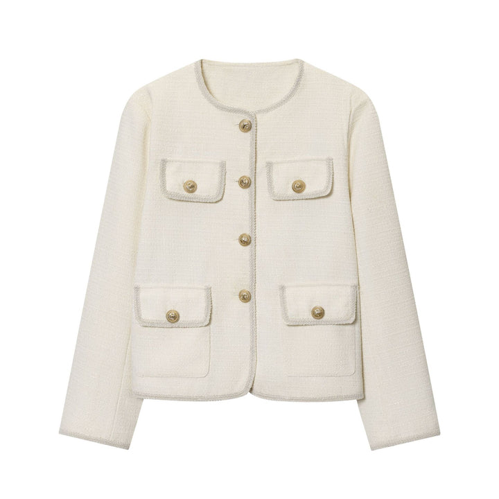Damen nan kastige Bouclé-Jacke mit kontrastpaspel, vier Zier-Fronttaschen und goldenen Schmuckknöpfen Drune