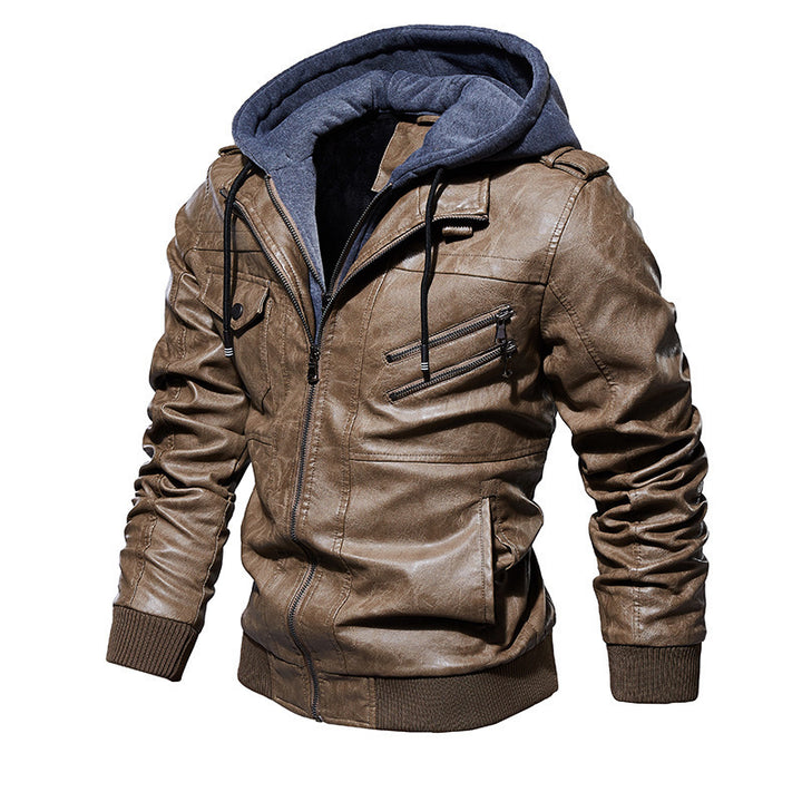 Herren Trendige Lederjacke mit Kapuze Drune
