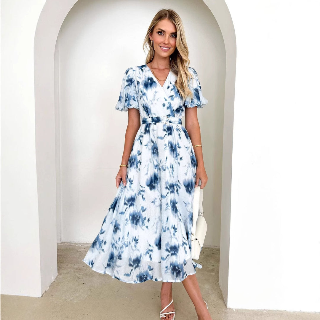 Damen Midikleid mit tailliertem Schnitt, voluminösen Ärmeln und elegantem Wellenmuster Drune