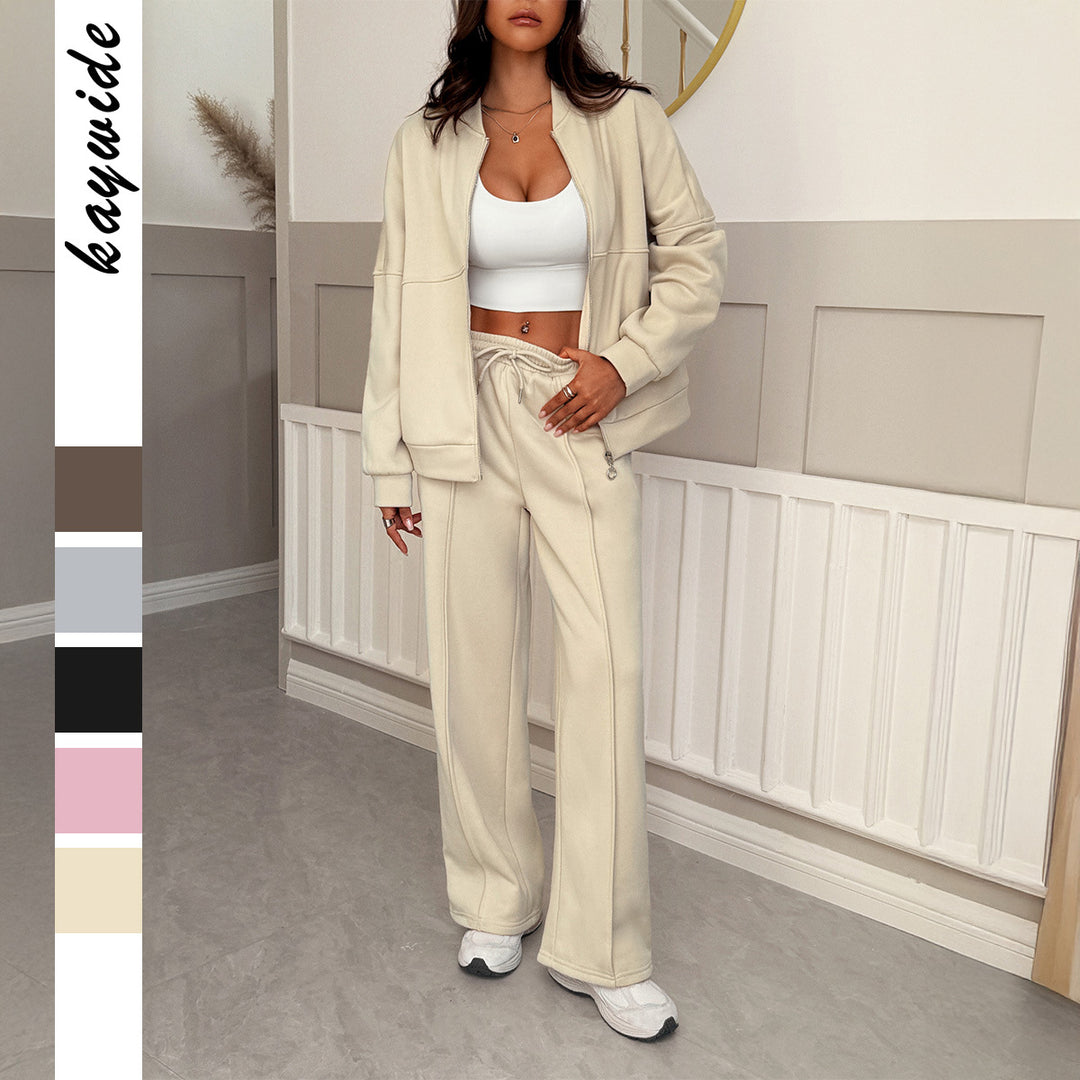 Damen nan Oversize-Sweatset mit Reißverschluss-Bomberjacke und Highwaist-Palazzohose Drune