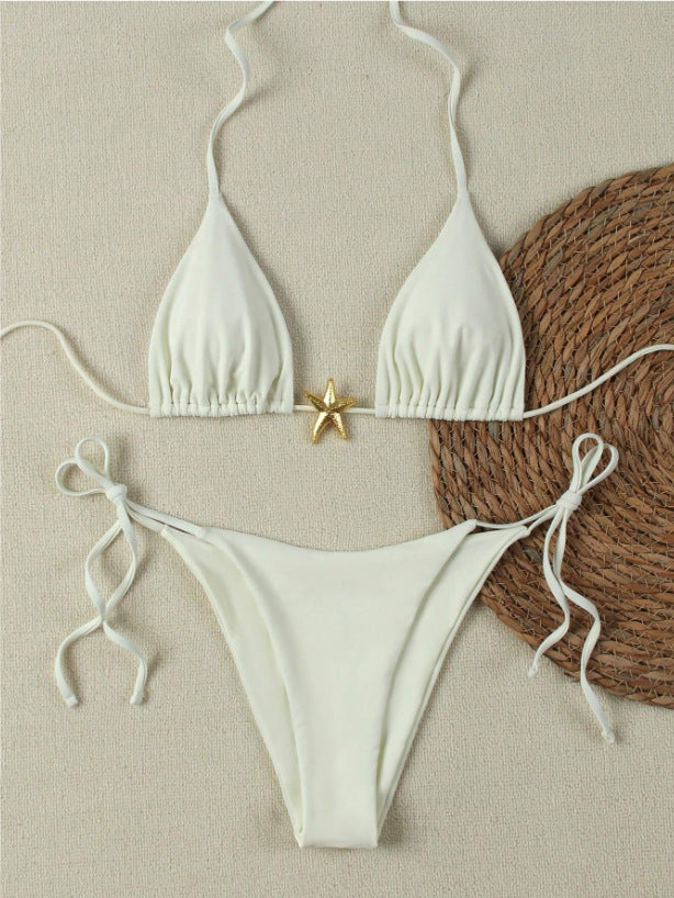 Damen Triangel-Bikini-Set mit verstellbaren Trägern und dekorativem Schmuckelement Drune
