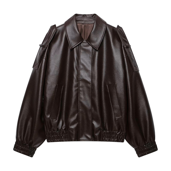 Damen Oversized Kunstleder-Bomberjacke mit Epauletten, elastischem Saum und Eingrifftaschen Drune