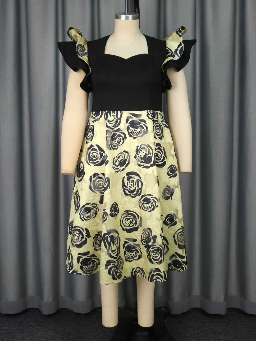 Damen Elegantes Blumenmuster Kleid mit Rüschärmeln Drune