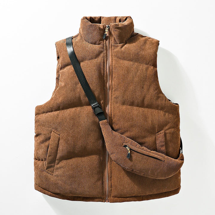 Herren Gesteppte Cord-Ärmellose Thermoweste mit Stehkragen und integrierter Crossbody-Tasche Drune