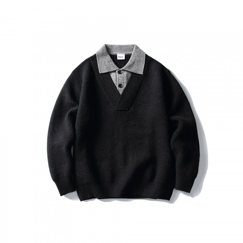 Herren Strick-Polo-Pullover mit Oversize-Schnitt, V‑Einsatz und Kontrastkragen Drune