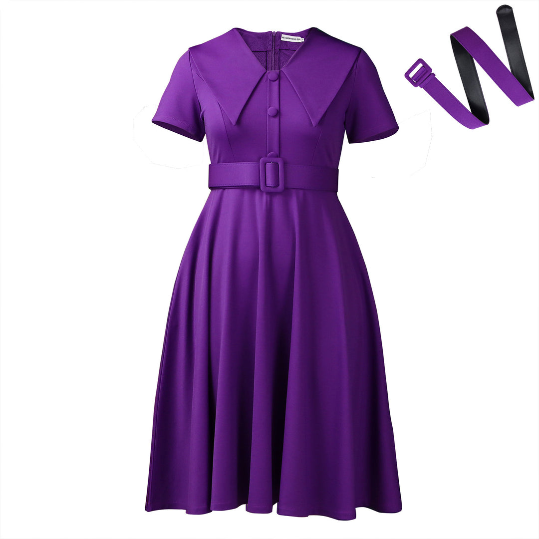 Damen A-Linien Kleid mit elegantem Kragen und Bindegürtel Drune