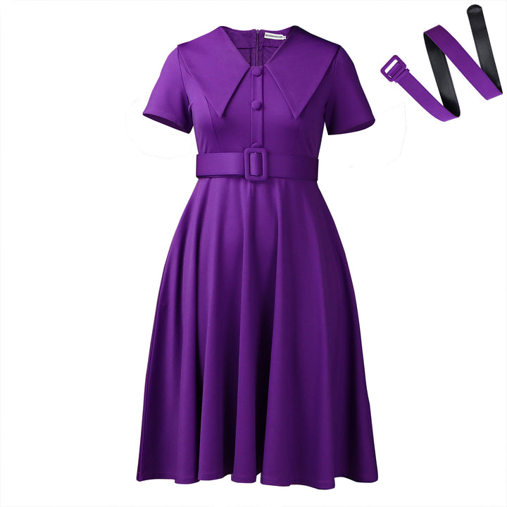 Damen A-Linien Kleid mit elegantem Kragen und Bindegürtel Drune